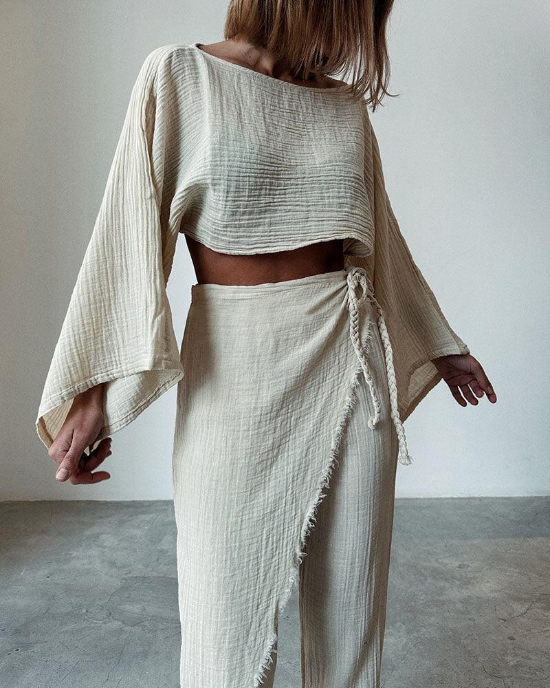 Woven Cotton and Linen Two-Piece Set with Lace-Up Detail
