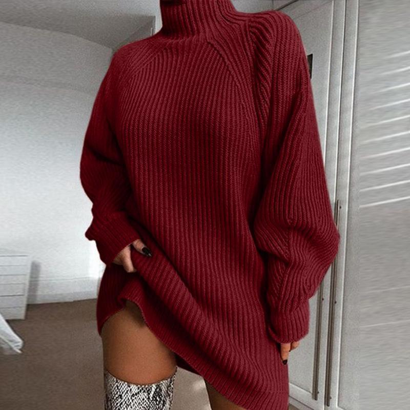 Women's Cozy Daily Raglan Sleeves Turtleneck Sweater Dress - Casual & Fashionable, Ideal for Fall, Winter, Spring