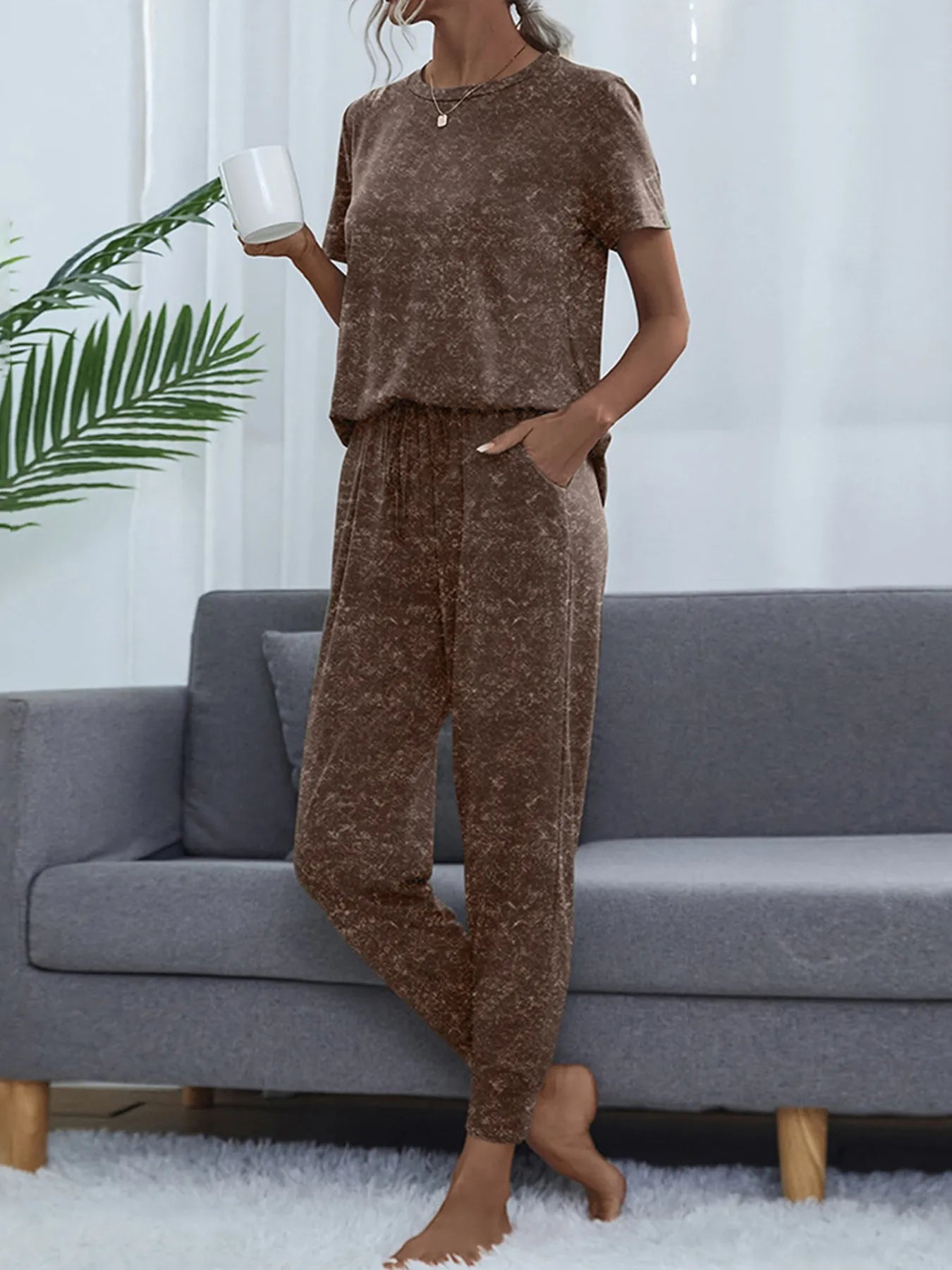 Round Neck Short Sleeve Top and Pants Lounge Set