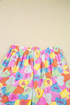 Pink Valentines Candy Heart V Neck Collared Tunic Shirt and Shorts 2pcs Pajama Set for Women