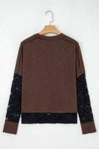 Dark Brown Sheer Lace Patchwork Casual Long Sleeve Tee