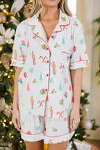 Festive White Christmas Print Short Sleeve Shirt and Shorts Pajama Set for Cozy Lounging