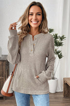 Simply Taupe Ribbed Texture Drop Shoulder Henley Knit Top