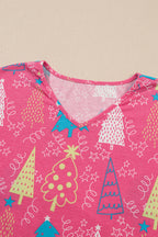 Festive Rose Christmas Tree Print V-Neck Tee and Cozy Pants Lounge Set for Daily Wear