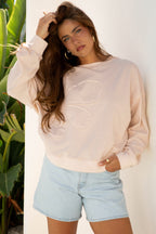 Beige Raw Edge Flower Patch Drop Shoulder Casual Top