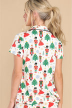 Cozy White Printed Christmas Pattern Button-Up Sleepwear Set - Short Sleeve Top & Loose Pants