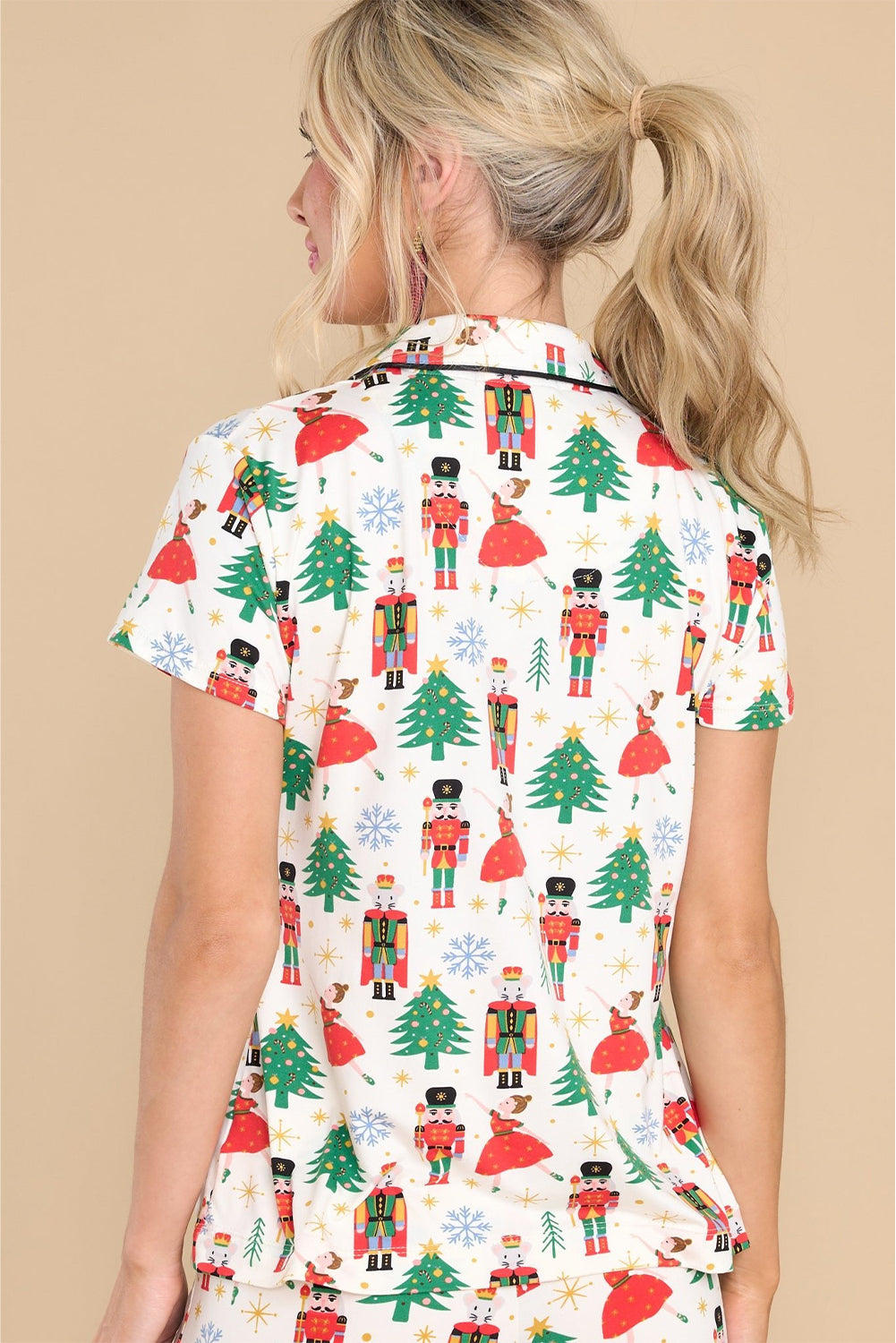 Cozy White Printed Christmas Pattern Button-Up Sleepwear Set - Short Sleeve Top & Loose Pants