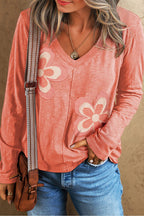 Fresh Salmon Floral Patchwork V Neck Long Sleeve T Shirt