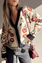 Beige Floral Print Buttoned Front V Neck Knit Cardigan