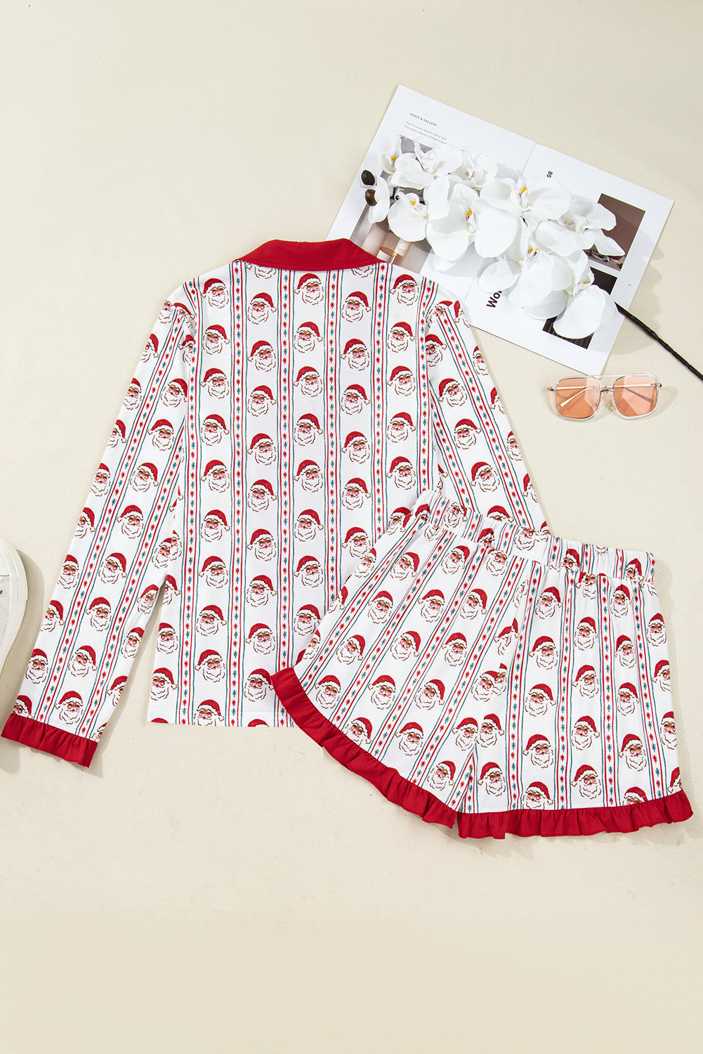 Festive White Santa & Stripes Ruffle Pajama Set for Cozy Holiday Nights