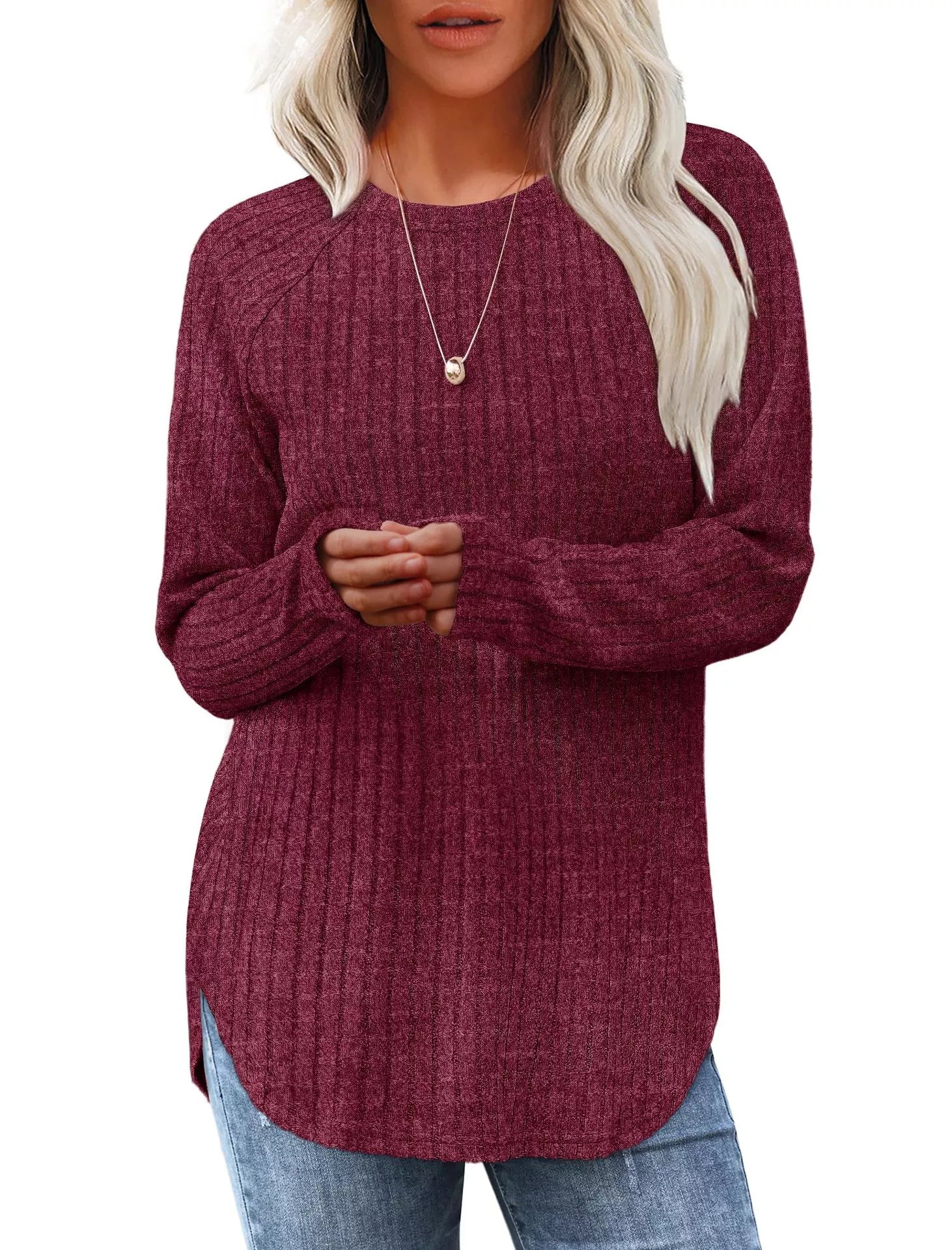 Casual Ribbed Knit Long Sleeve T-Shirt