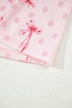 Pink Bow Print Contrast Pipping Short Pajamas Set