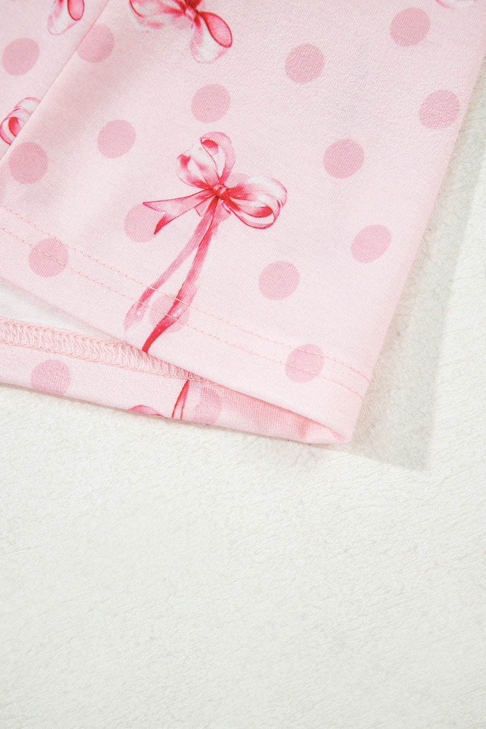 Pink Bow Print Contrast Pipping Short Pajamas Set
