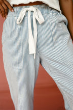 Sky Blue Stripe Mid Rise Drawstring Waist Jeans