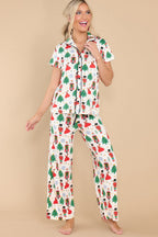 Cozy White Printed Christmas Pattern Button-Up Sleepwear Set - Short Sleeve Top & Loose Pants