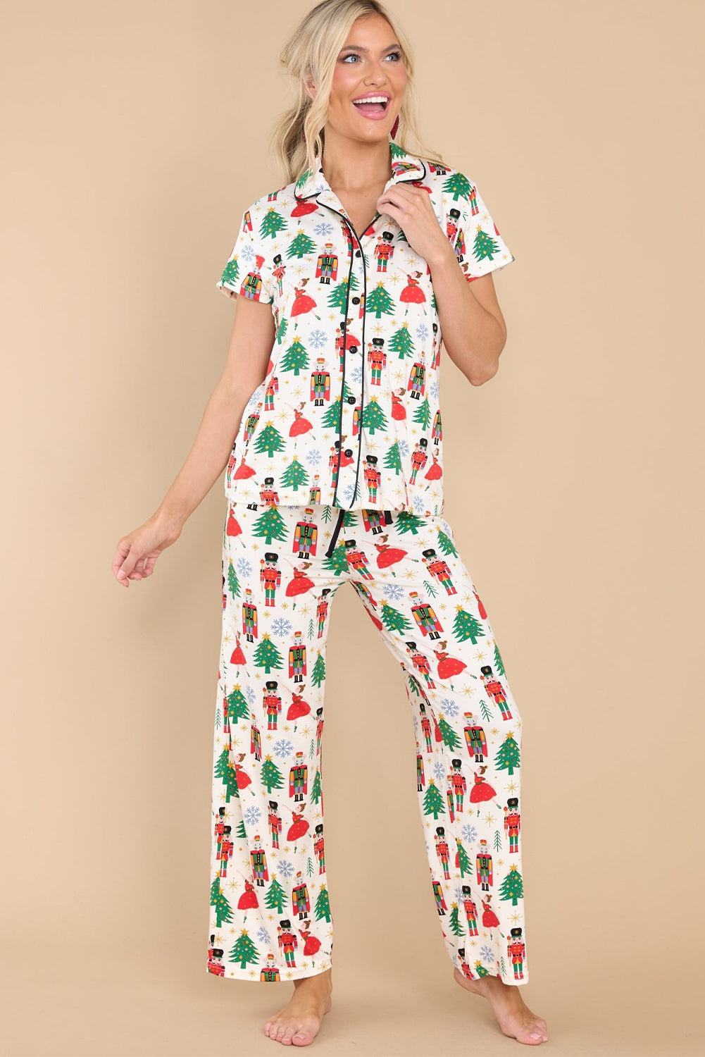 Cozy White Printed Christmas Pattern Button-Up Sleepwear Set - Short Sleeve Top & Loose Pants