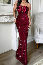 Red Dahlia Satin Bow Decor Sequin Strapless Long Party Dress