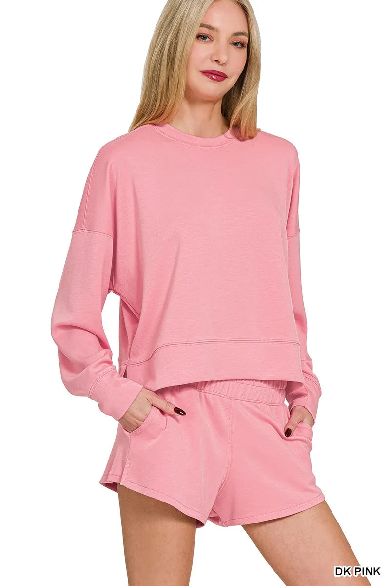 Zenana Scuba Long Sleeve Sweatshirts & Shorts Set