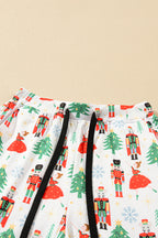 Cozy White Printed Christmas Pattern Button-Up Sleepwear Set - Short Sleeve Top & Loose Pants