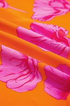 Orange Floral Print Frilly Smocked V Neck 3/4 Sleeve Long Dress