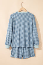 Sky Blue Checkerboard Long Sleeve Pullover and Shorts Set