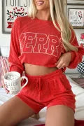 Racing Red "MERRY" Graphic Long Sleeve Top and Shorts Set with Corded Detailing - Casual & Festive Loungewear