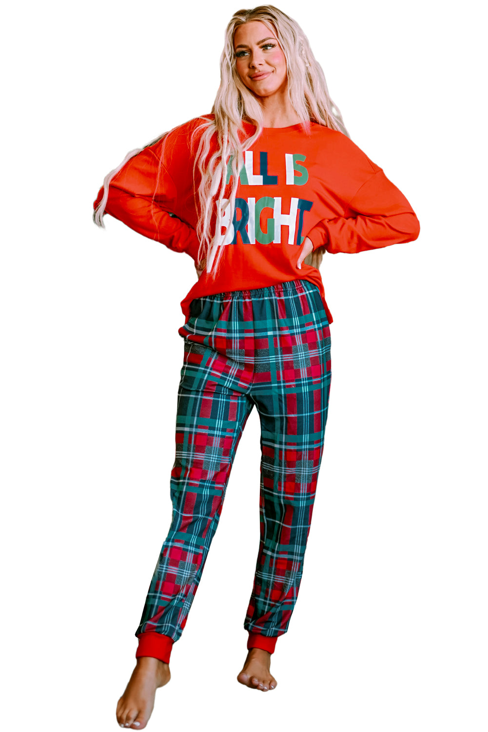 Cozy "ALL IS BRIGHT" Graphic Christmas Plaid Pajama Set for Women - Festive Long Sleeve Top & Jogger Pants