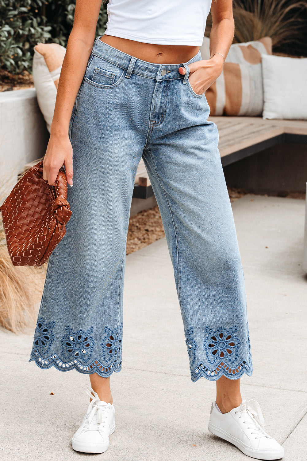 Dusk Blue Embroidered Cropped Wide Leg High Waist Jeans
