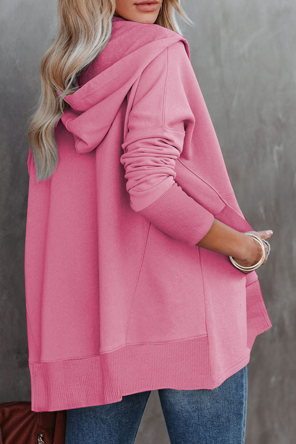 Pink Batwing Sleeve Pocketed Henley Hoodie