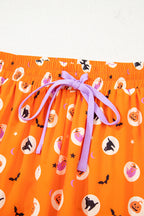 Orange Halloween Print Lapel Shirt Long 2pcs Pajama Set