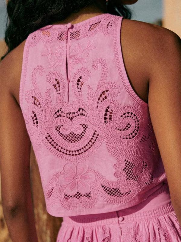 Elegant Sleeveless Hollow Lace Short Suit - Chic & Comfortable