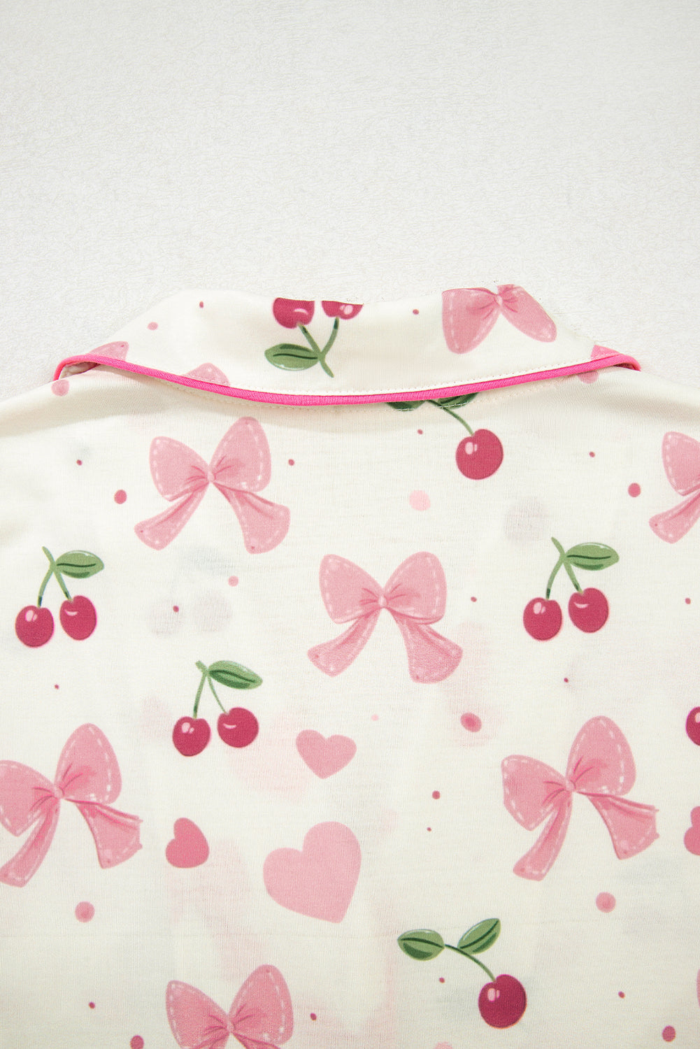 Beige Bow Fruit Print Contrast Pipping Short Pajamas Set