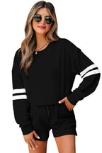Black Varsity Striped Sleeve Drop Shoulder Sweatshirt and Short Set