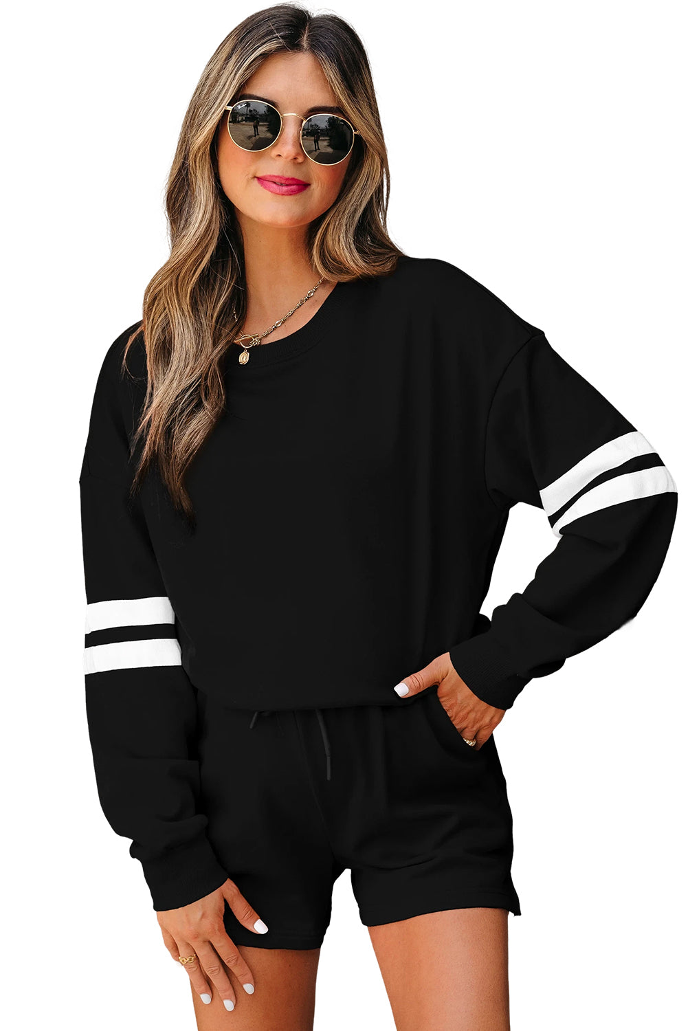 Black Varsity Striped Sleeve Drop Shoulder Sweatshirt and Short Set