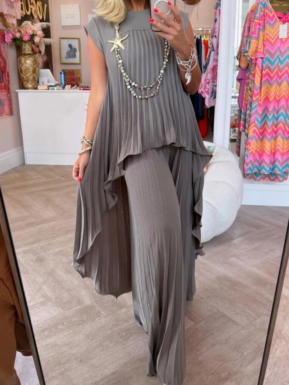 Women's Crew Neck Top and Pleated Straight Pants Two-Piece Suit - Elegant & Comfortable Polyester Blend