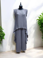 Women's Crew Neck Top and Pleated Straight Pants Two-Piece Suit - Elegant & Comfortable Polyester Blend