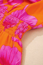Orange Floral Print Frilly Smocked V Neck 3/4 Sleeve Long Dress