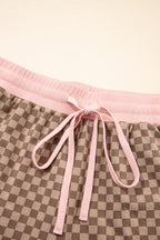 Brown Checkerboard Long Sleeve Pullover and Shorts Set