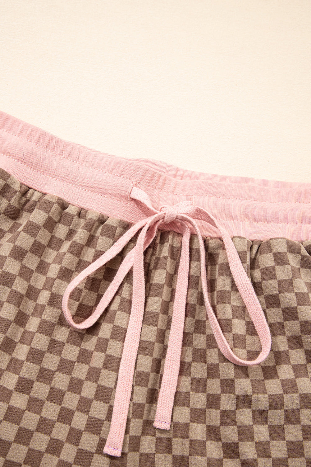 Brown Checkerboard Long Sleeve Pullover and Shorts Set