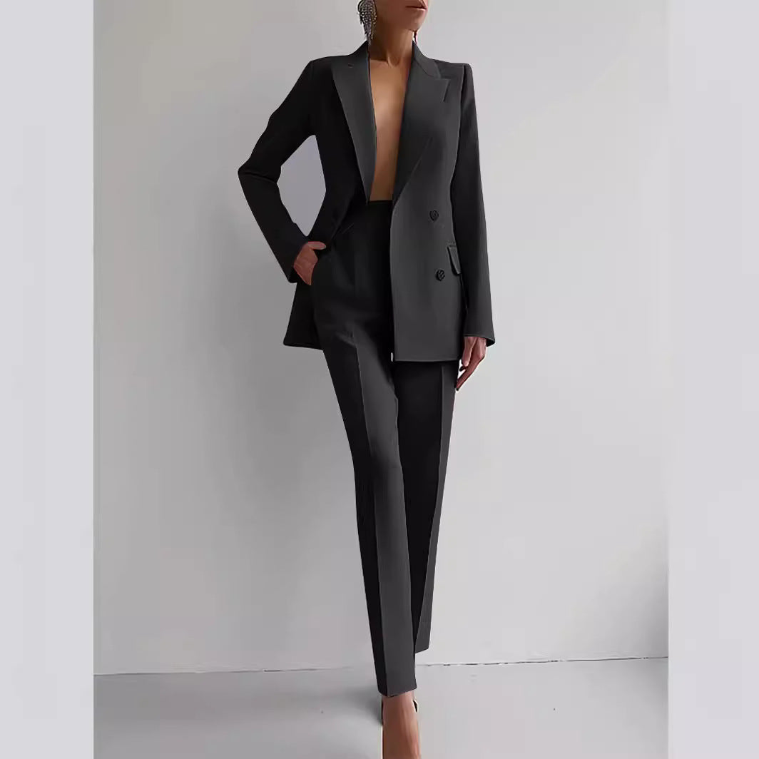 Chic Solid Color Blazer & High Waist Pants Set - Versatile Commuting & Business Attire