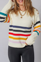 White Button Shoulder Detail Striped Print Drop Shoulder Sweater