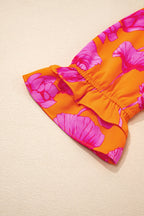Orange Floral Print Frilly Smocked V Neck 3/4 Sleeve Long Dress
