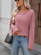Striped Notched Long Sleeve T-Shirt