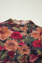 Multicolour Floral Print Lettuce Trim Long Sleeve Mesh Top