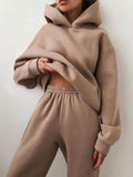 Women's Fashion Casual Hooded Solid Color Two-Piece Suit for Fall & Winter - Available in Khaki, Black, White