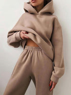 Women's Fashion Casual Hooded Solid Color Two-Piece Suit for Fall & Winter - Available in Khaki, Black, White