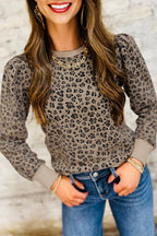 Khaki Ribbed Trim Leopard Print Long Sleeve Top