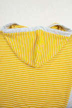 Yellow Stripe Color Block Drawstring V Neck Loose Fit Hooded Top