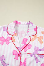Pink Striped Bow Print Contrast Piping Trim Shirt and Pants 2pcs Pajama Set