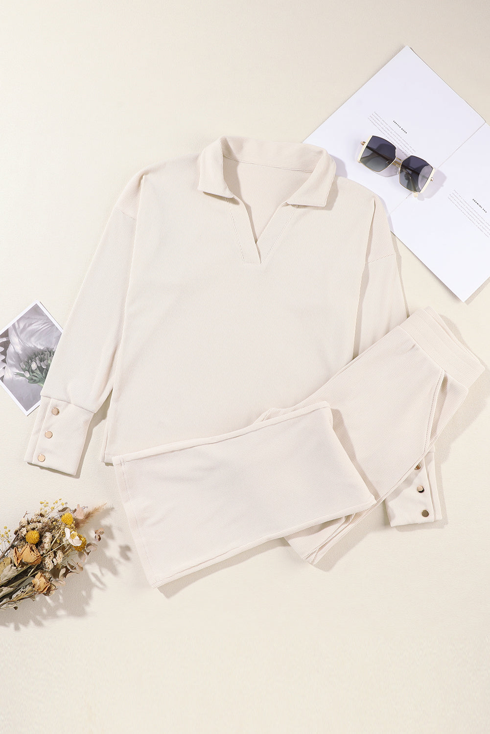 Beige Collared Split Neck Ribbed 2pcs Athleisure Outfit